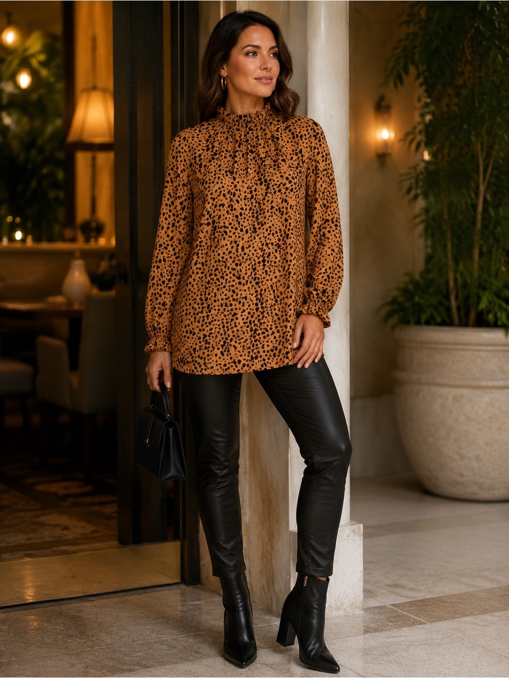 Leopard Print Ruffle Neck Tunic Blouse Long Sleeve Brown Black Women’s XL